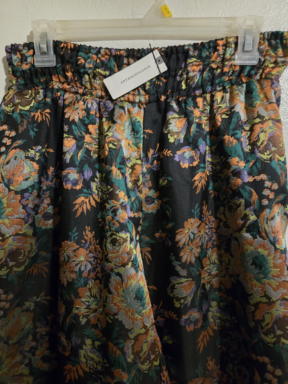 Anthropologie Black Floral Jacquard A-Line Pants with Orange & Green And Purple
